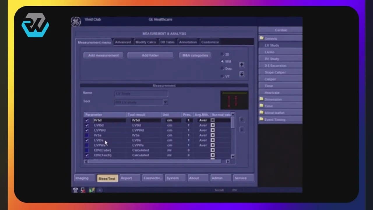 Vivid Messungen effizient konfigurieren: So passen Sie Messparameter an Ihren Workflow an 6 Ultraschall-Konfigurationsmenü im Bereich „Measure and Text“ mit auswählbaren Messparametern (Vivid Messungen)