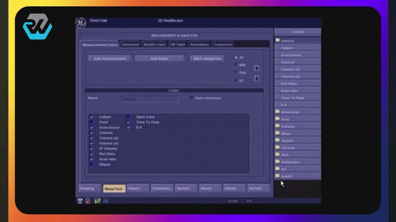 Vivid Messungen effizient konfigurieren: So passen Sie Messparameter an Ihren Workflow an 2 Ultraschall-Konfiguration im Bereich Measure and Text zur Bearbeitung von Messmenüs