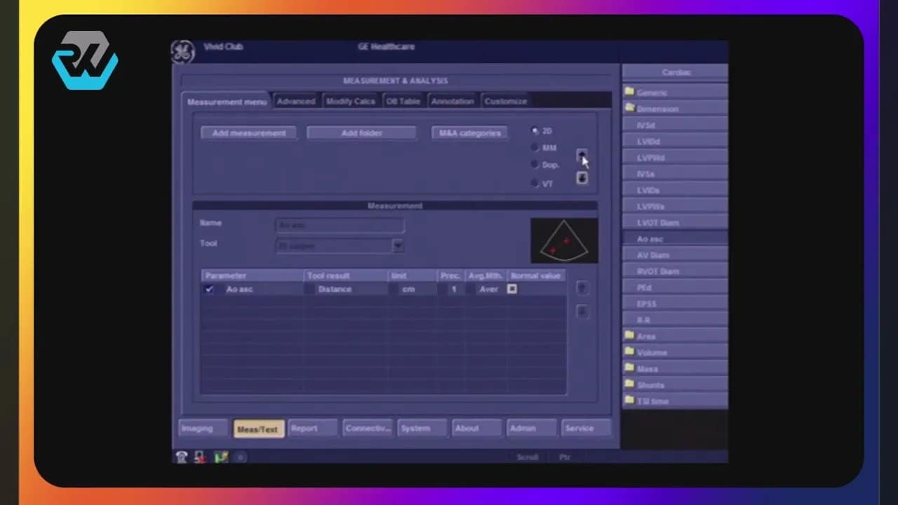 Vivid Messungen effizient konfigurieren: So passen Sie Messparameter an Ihren Workflow an 4 Ultraschall-Konfiguration mit geöffnetem Measurement-&-Text-Menü und Liste der Messparameter