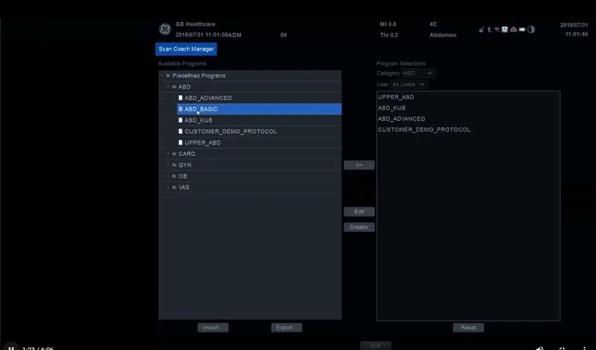 Scan Coach am Versana Premier: Einrichtung, Anwendung und eigene Protokolle Schritt für Schritt 4 ScanCoach Manager auf dem Versana Premier mit Auswahl einer Protokollkategorie „ABD“ und markiertem Protokoll „ABD_BASIC“