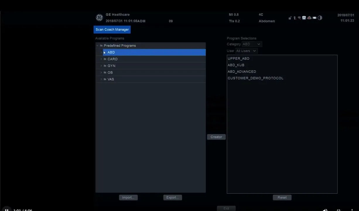 Scan Coach am Versana Premier: Einrichtung, Anwendung und eigene Protokolle Schritt für Schritt 3 ScanCoach Manager am Versana Premier mit kategorisierten Standardprogrammen inklusive ABD, CARD, GYN, OB und VAS