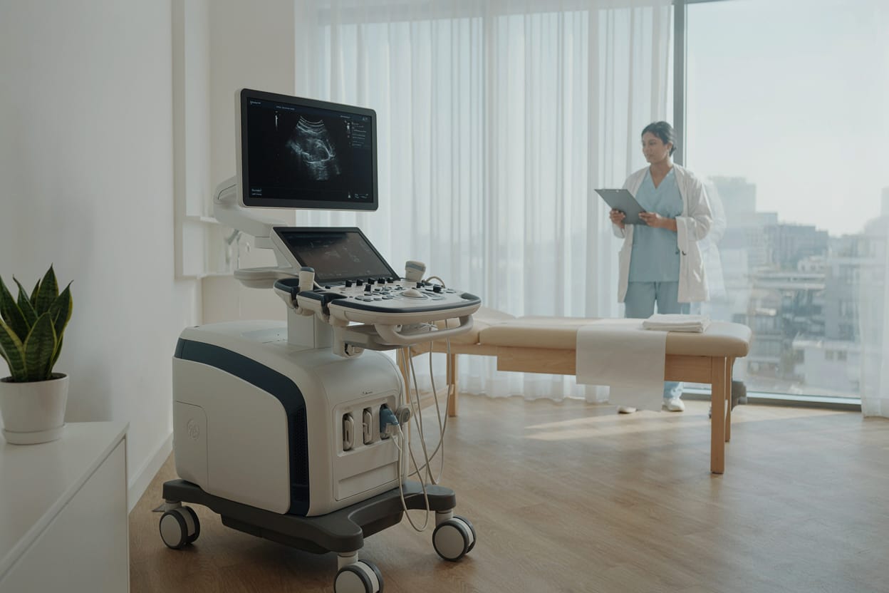 Ultraschallgeräte leasen: Leasing, Finanzierung und Mietkauf im Überblick 1 Modernes Ultraschallgerät im Behandlungsraum, Ärztin im Hintergrund