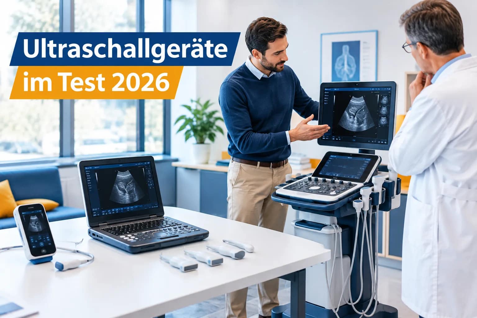 Medizinische Ultraschallgeräte im Test 2026: Hersteller, Geräteklassen und Kaufkriterien aus der Praxis 1 Beratung an einem medizinischen Ultraschallgerät: Handheld, portables System und Cart-System im Vergleich