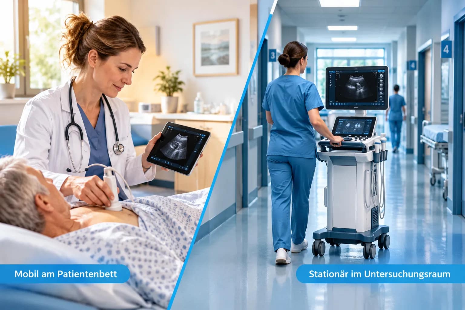 Medizinische Ultraschallgeräte im Test 2026: Hersteller, Geräteklassen und Kaufkriterien aus der Praxis 3 Mobiles Ultraschallgerät am Patientenbett und stationäres Cart-System in der Klinik