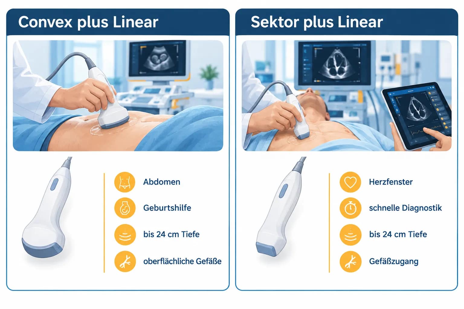 Vscan Air CL oder SL: Welche Variante passt zu Ihrer Fachrichtung? 1 Vscan Air CL mit Convex- und Linearsonde neben Vscan Air SL mit Sektor- und Linearsonde im Vergleich