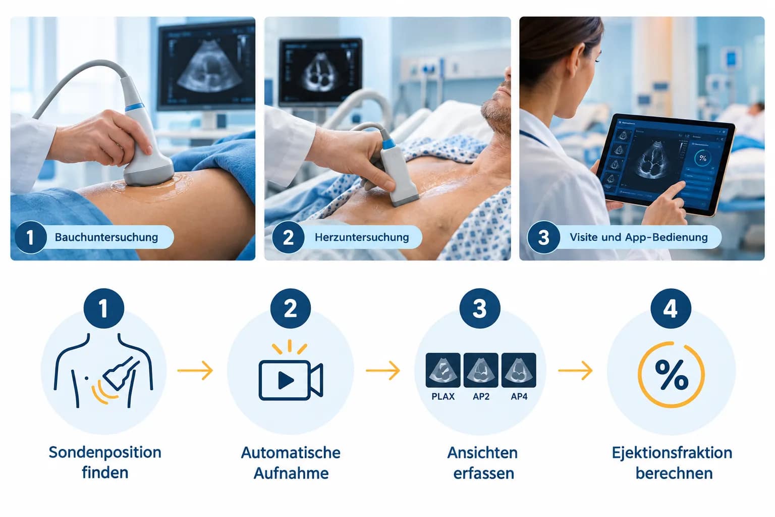 Vscan Air CL oder SL: Welche Variante passt zu Ihrer Fachrichtung? 3 Ablauf der KI-gestützten Echo-Auswertung: Sondenposition, automatische Aufnahme, Ansichten PLAX, AP2 und AP4, Ejektionsfraktion