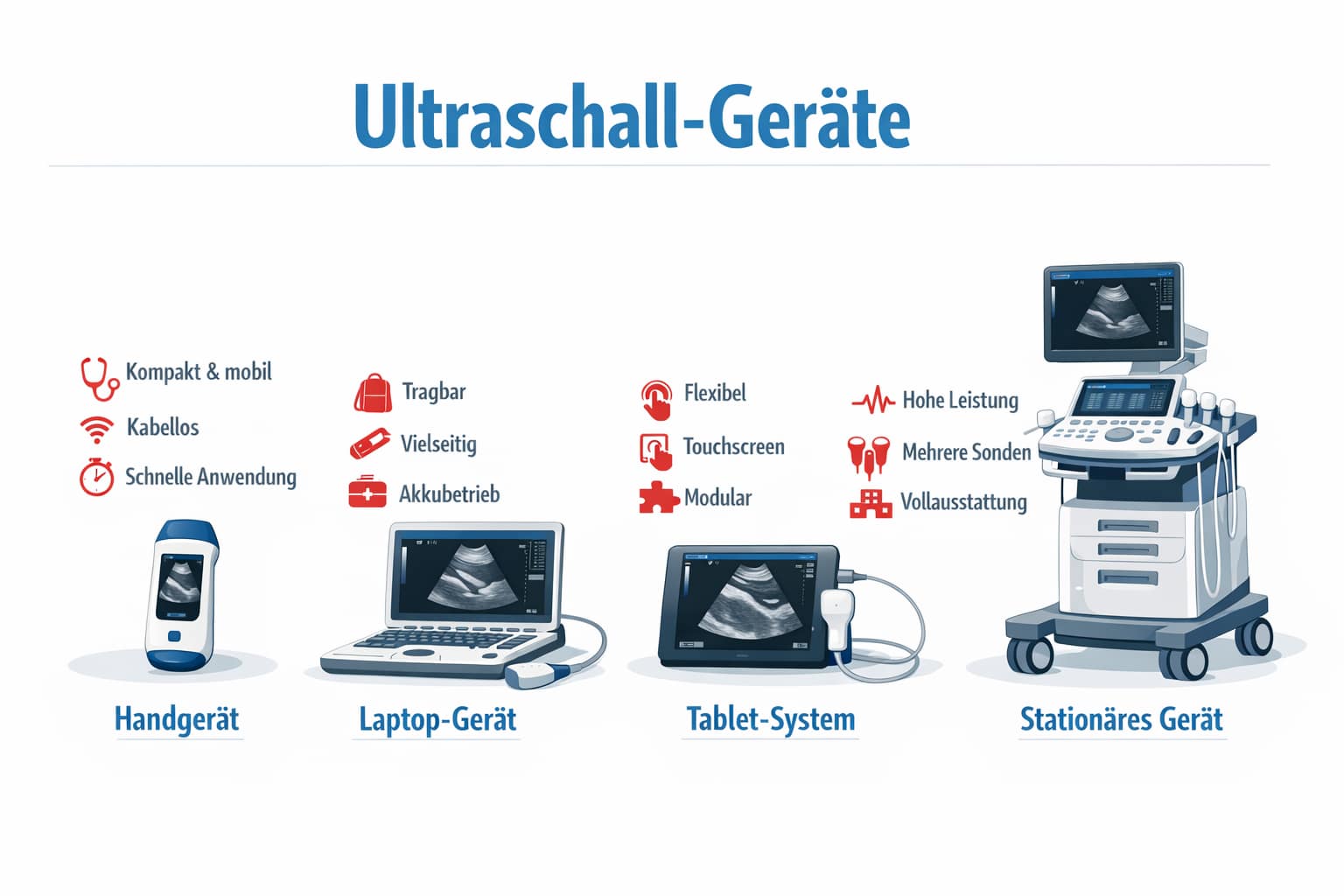 Ultraschallgerät kaufen: Der übersichtliche Leitfaden für Ärzte 2026 2 () infographic-style illustration showing four categories of ultrasound devices side by side: a handheld pocket device, a