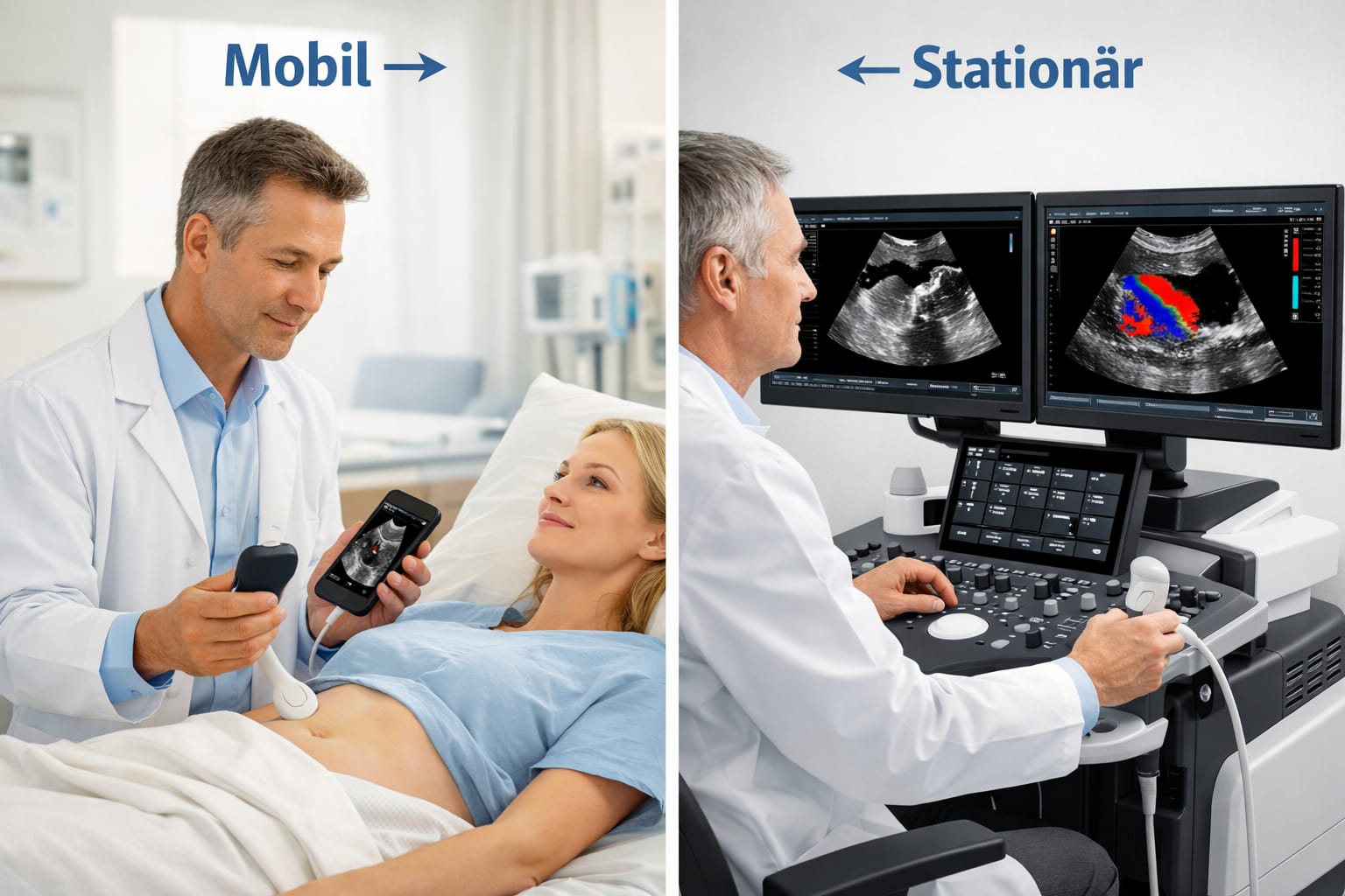 Ultraschallgerät kaufen: Der übersichtliche Leitfaden für Ärzte 2026 3 () split-scene image showing on the left a physician using a handheld mobile ultrasound device at a patient bedside in a